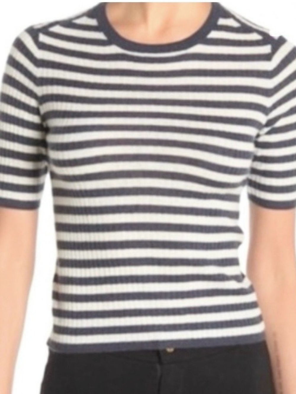 Cashmere Vince Navy & Cream Striped Rib Knit Crew Sweater